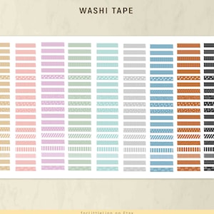May include: A sheet of colorful washi tape with various patterns, including stripes, polka dots, and geometric designs. The tape is arranged in rows, with each row featuring a different color and pattern. The text "WASHI TAPE" is printed at the top of the sheet.