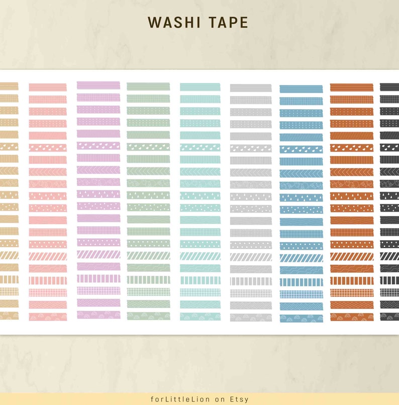 May include: A sheet of colorful washi tape with various patterns, including stripes, polka dots, and geometric designs. The tape is arranged in rows, with each row featuring a different color and pattern. The text "WASHI TAPE" is printed at the top of the sheet.