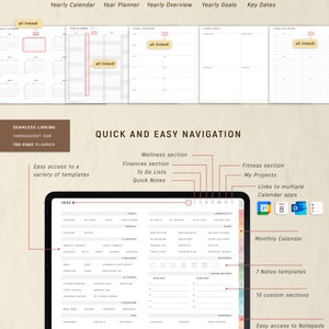 May include: Digital planner with yearly, monthly, and daily pages. Features include a calendar, goals, and key dates. The planner has a wellness section, finance section, to-do lists, and quick notes. It also includes 7 note templates and 10 custom sections.