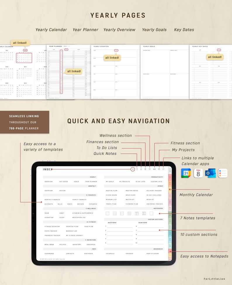 May include: Digital planner with yearly, monthly, and daily pages. Features include a calendar, goals, and key dates. The planner has a wellness section, finance section, to-do lists, and quick notes. It also includes 7 note templates and 10 custom sections.