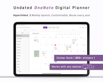 Planificateur numérique One Note UNDATED avec HYPERLINKS, OneNote Planner Android - iPad - Windows - PC - Mac - Surface pro - Ordinateur - Bureau