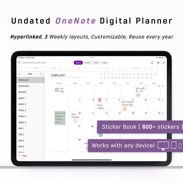 Digital Planner One Note UNDATED with HYPERLINKS, OneNote Planner Android - iPad - Windows - PC - Mac - Surface pro - Computer - Desktop