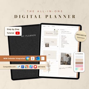 May include: An all-in-one digital planner displayed on a tablet screen next to a black planner cover. The screen shows a July daily schedule with task lists, notes, and a photo. Text includes Step-by-Step Tutorial, Premium Edition, and 5 Themes.