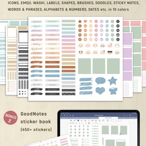 May include: A digital sticker book with over 10,000 pre-cropped stickers. The stickers include icons, emojis, washi tape, labels, shapes, brushes, doodles, sticky notes, words and phrases, alphabets and numbers, and dates. The stickers are in 10 different colors.