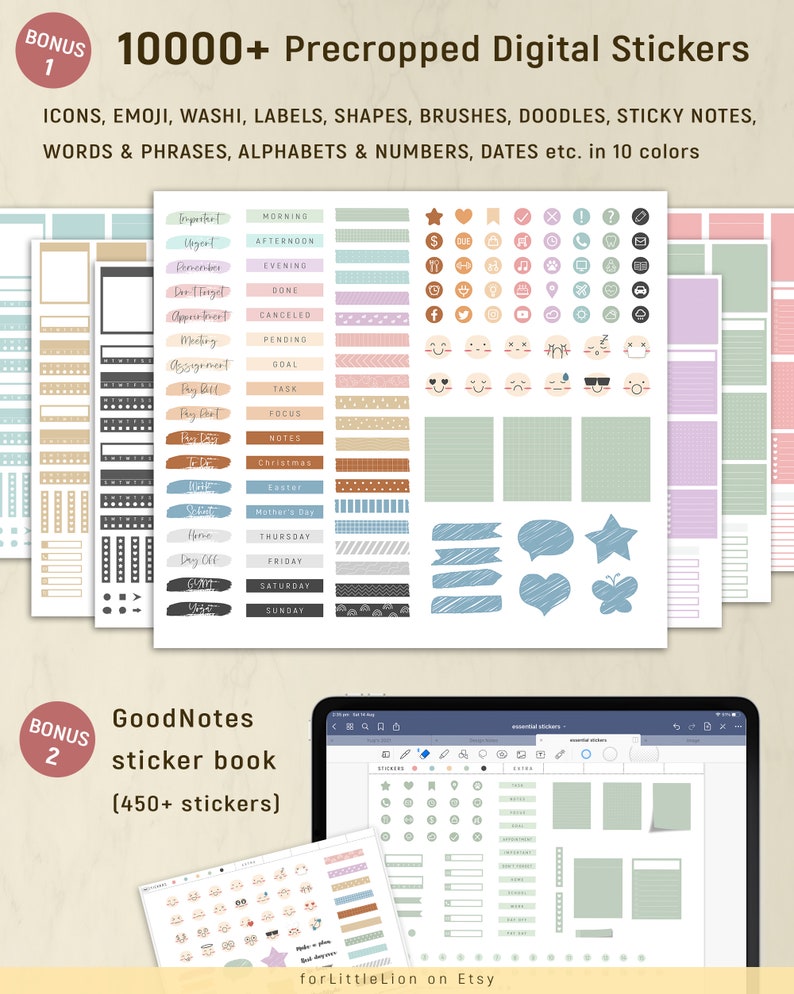 May include: A digital sticker book with over 10,000 pre-cropped stickers. The stickers include icons, emojis, washi tape, labels, shapes, brushes, doodles, sticky notes, words and phrases, alphabets and numbers, and dates. The stickers are in 10 different colors.
