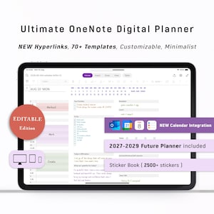 Puede incluir: Un planificador digital en una tableta, con el texto "Ultimate OneNote Digital Planner". La pantalla muestra una interfaz de calendario con secciones para tareas, afirmaciones y un libro de pegatinas. Incluye hipervínculos, plantillas e integración de calendario.