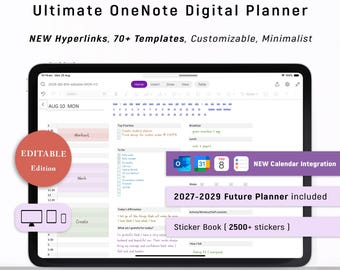May include: A digital planner displayed on a tablet, featuring the text "Ultimate OneNote Digital Planner." The screen shows a calendar interface with various sections for tasks, affirmations, and a sticker book. Includes hyperlinks, templates, and calendar integration.