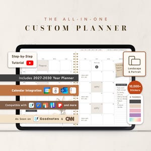 May include: A digital planner displayed on a tablet screen, featuring a monthly calendar layout with handwritten notes, a daily routine list, and various icons. Text includes THE ALL-IN-ONE CUSTOM PLANNER, 2027-2030 Year Planner, 10,000+ Stickers, and 5 Themes.