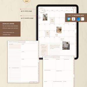 May include: Digital planner with a monthly calendar view, daily and weekly page links, and a monthly overview. The planner includes the text "MONTHLY PAGES" and "SEAMLESS LINKING". The color scheme is beige and white.
