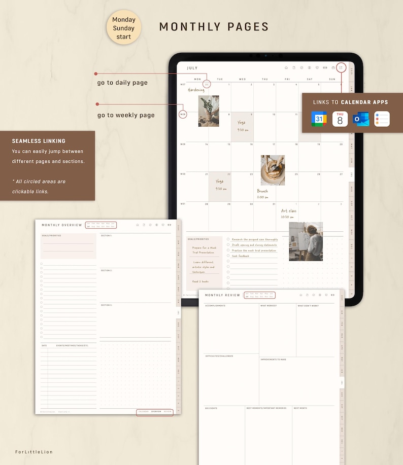 May include: Digital planner with a monthly calendar view, daily and weekly page links, and a monthly overview. The planner includes the text "MONTHLY PAGES" and "SEAMLESS LINKING". The color scheme is beige and white.
