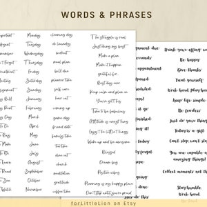 May include: A printable sheet of words and phrases for planning and journaling. The sheet is divided into two columns, with each column containing a list of words and phrases. The words and phrases are written in a handwritten style font.