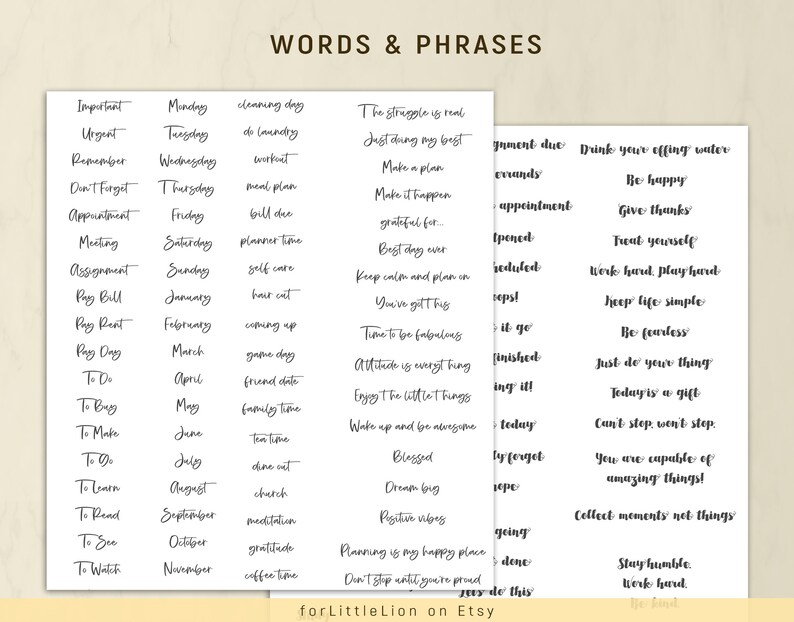 May include: A printable sheet of words and phrases for planning and journaling. The sheet is divided into two columns, with each column containing a list of words and phrases. The words and phrases are written in a handwritten style font.