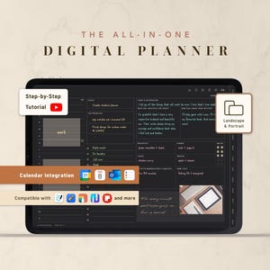 May include: A digital planner displayed on a tablet screen with a dark interface, featuring sections for daily focus, priorities, affirmations, and meal tracking. Text includes THE ALL-IN-ONE DIGITAL PLANNER, Step-by-Step Tutorial, and Calendar Integration.