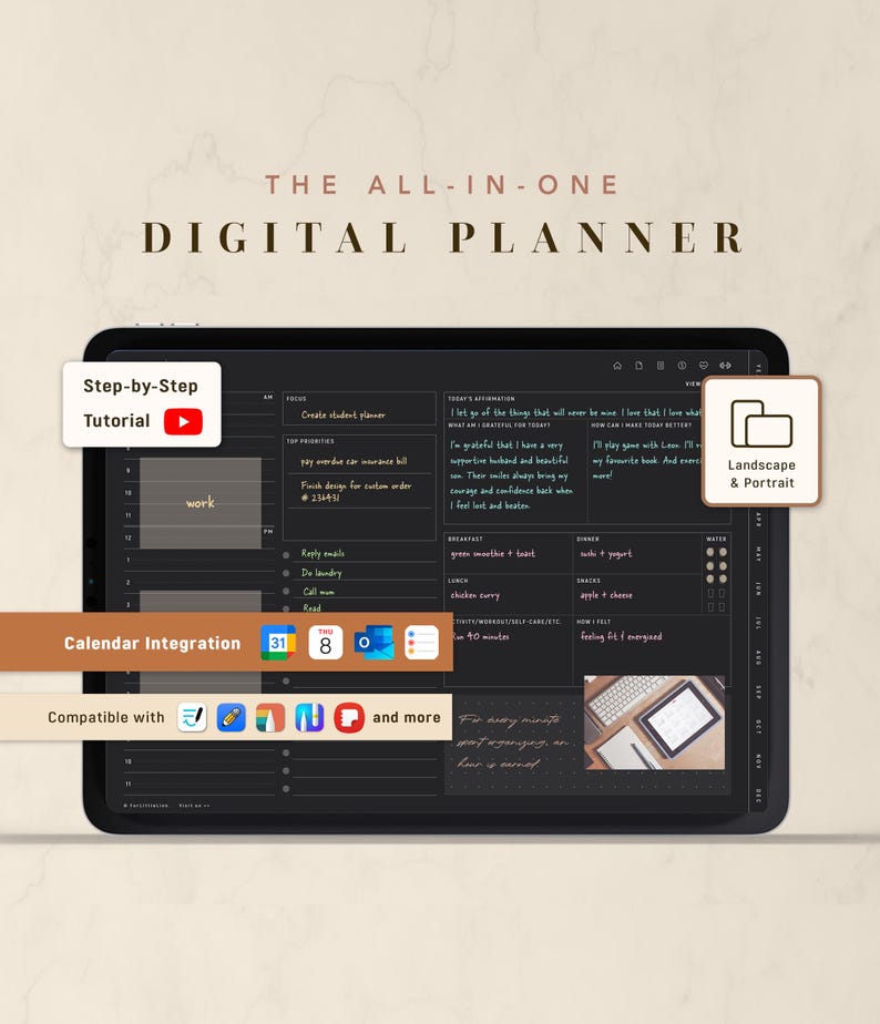 May include: A digital planner displayed on a tablet screen with a dark interface, featuring sections for daily focus, priorities, affirmations, and meal tracking. Text includes THE ALL-IN-ONE DIGITAL PLANNER, Step-by-Step Tutorial, and Calendar Integration.