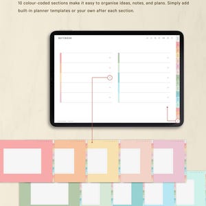 May include: A digital notebook on a tablet with a white screen, featuring color-coded sections for organization. The image includes a row of colorful planner templates and the text "BUILT-IN NOTEBOOK FOR FLEXIBLE NOTE-TAKING AND ORGANISATION".