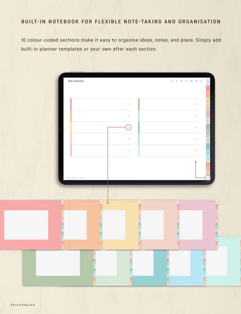 May include: A digital notebook on a tablet with a white screen, featuring color-coded sections for organization. The image includes a row of colorful planner templates and the text "BUILT-IN NOTEBOOK FOR FLEXIBLE NOTE-TAKING AND ORGANISATION".
