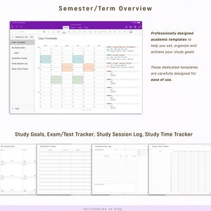 May include: A digital planner template for students, featuring a class timetable, study goals, exam/test tracker, study session log, and study time tracker. The template is designed to help students organise their studies and achieve their goals.
