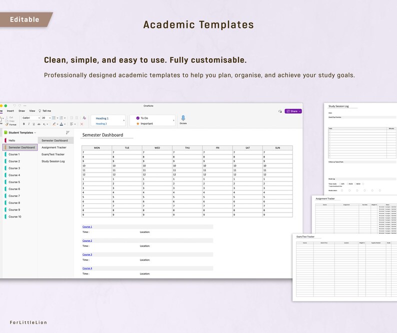 May include: A digital academic template with the text "Academic Templates". The template includes a semester dashboard, assignment tracker, and study session log. The text "Clean, simple, and easy to use. Fully customisable" is also visible.