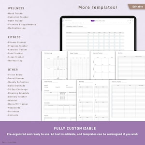 May include: A digital tablet displaying various printable templates for wellness, fitness, and other categories. Templates include mood trackers, fitness planners, and travel planners. The image features a purple and white color scheme with the text "More Templates!" and "Fully Customizable."