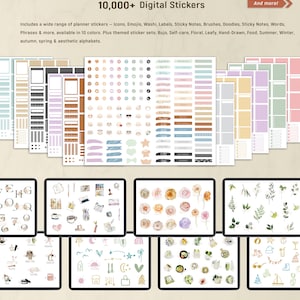 May include: Digital stickers for planners, featuring icons, emojis, washi, labels, and more. The image displays various sticker sets, including floral, leafy, and seasonal themes, with the text "10,000+ Digital Stickers."
