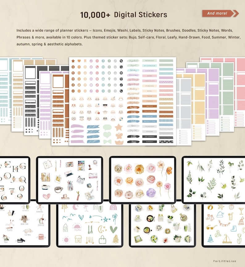 May include: Digital stickers for planners, featuring icons, emojis, washi, labels, and more. The image displays various sticker sets, including floral, leafy, and seasonal themes, with the text "10,000+ Digital Stickers."