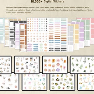 May include: Digital stickers displayed on tablets, featuring icons, emojis, washi, labels, and more. The image includes the text "10,000+ Digital Stickers" and details about planner stickers in various colors and themes, such as floral and seasonal.