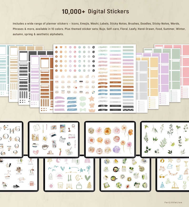 May include: Digital stickers displayed on tablets, featuring icons, emojis, washi, labels, and more. The image includes the text "10,000+ Digital Stickers" and details about planner stickers in various colors and themes, such as floral and seasonal.