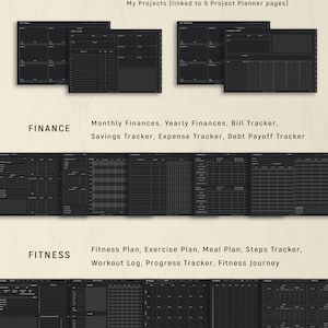 May include: A digital planner set featuring black pages with white text and grid layouts. Sections include Productivity with goal and project planners, Finance with trackers for bills, savings, and debt, and Fitness with exercise, meal, and workout logs.