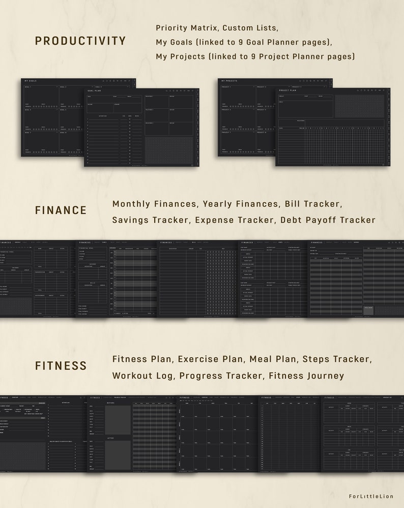 May include: A digital planner set featuring black pages with white text and grid layouts. Sections include Productivity with goal and project planners, Finance with trackers for bills, savings, and debt, and Fitness with exercise, meal, and workout logs.
