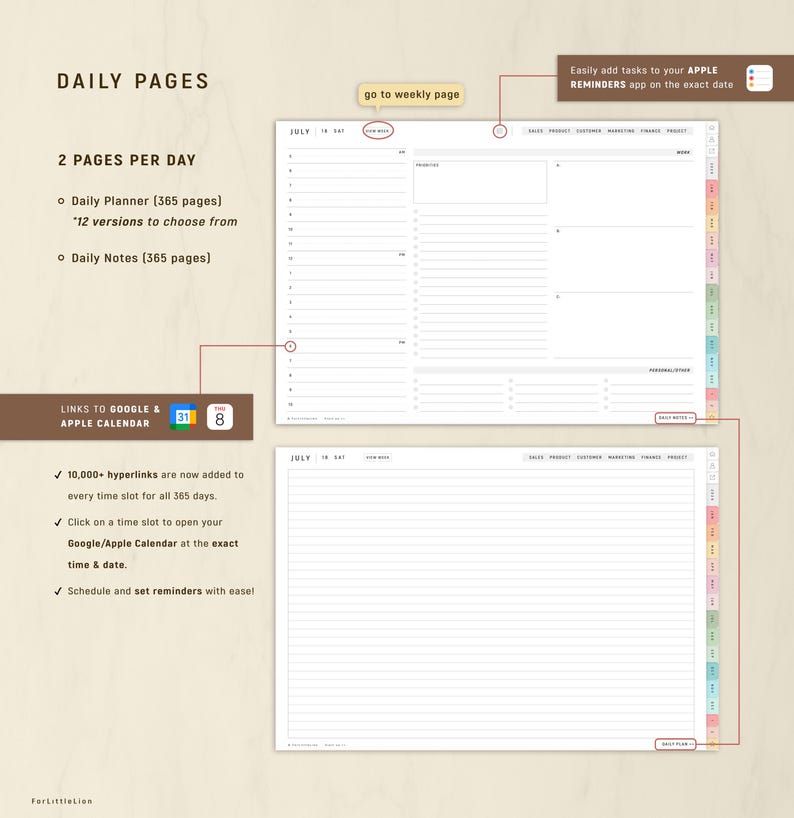 May include: Digital planner pages with the text "Daily Pages" and "2 Pages Per Day." The planner includes sections for daily notes and a daily planner with 365 pages. It also features links to Google and Apple Calendar, with over 10,000 hyperlinks.