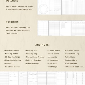 May include: A planner with sections for wellness, nutrition, and more. The "Wellness" section includes mood, habit, and hydration tracking. The "Nutrition" section includes meal planning and grocery lists. Additional sections include routine planning, reading lists, and vision boards.
