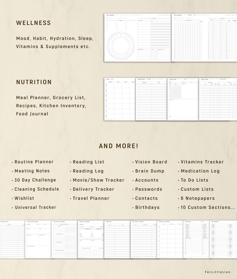 May include: A planner with sections for wellness, nutrition, and more. The "Wellness" section includes mood, habit, and hydration tracking. The "Nutrition" section includes meal planning and grocery lists. Additional sections include routine planning, reading lists, and vision boards.