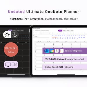 Pode incluir: Dois tablets digitais exibindo uma interface de planejador digital. O texto "Undated Ultimate OneNote Planner" está no topo. Inclui "REUSABLE, 70+ Templates, Customizable, Minimalist". O planejador inclui integração de calendário e um livro de adesivos.