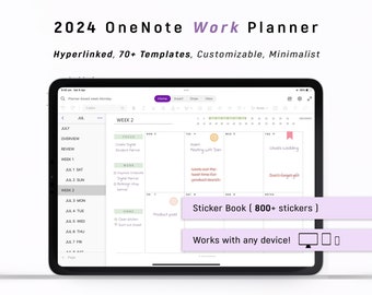 Agenda numérique OneNote 2024 pour professionnels, modèle One Note pour le TRAVAIL, Android - iPad - Windows - PC - MacBook - Surface pro