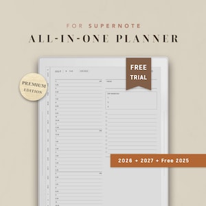 Può includere: Un planner digitale per Supernote, con un design minimalista. Lo schermo mostra un layout del calendario di luglio con sezioni per la programmazione giornaliera e le priorità principali. Include il testo "Premium Edition", "Free Trial" e "2026 + 2027 + Free 2025".