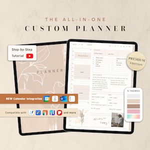 May include: The All-In-One Custom Planner digital interface displayed on two tablets. Features include a step-by-step tutorial, premium edition badge, new calendar integration, compatibility icons, and a selection of five colour themes for organisation.