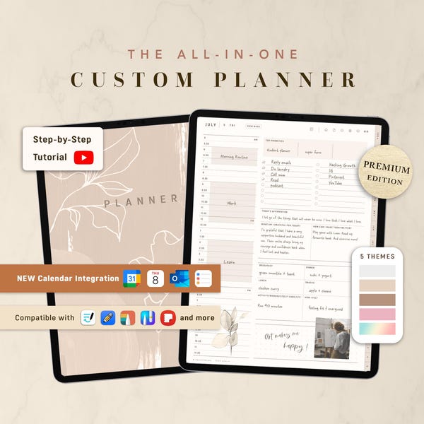 Puede incluir: El planificador digital All-In-One Custom Planner mostrado en dos tabletas. Incluye un tutorial paso a paso, una insignia de edición premium, integración de calendario, iconos de compatibilidad y una selección de cinco temas de color.