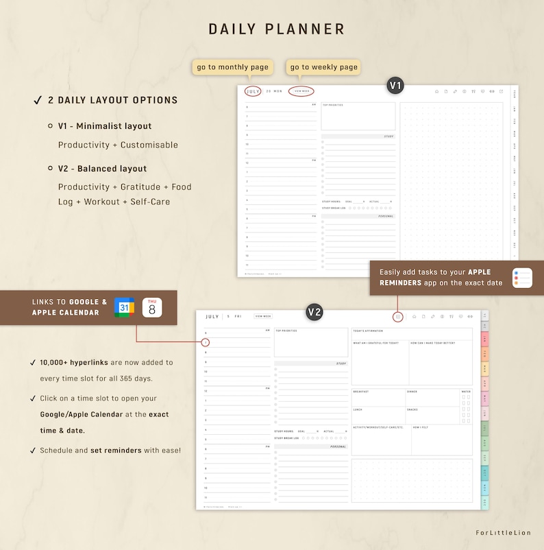 May include: A digital daily planner with two layout options, V1 and V2, displayed on a light beige background. The planner includes sections for productivity, gratitude, food logs, and self-care. It integrates with Google and Apple Calendar, with hyperlinks for easy scheduling.