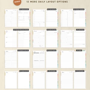 May include: A planner with 12 daily layout options, including balanced daily, time blocking, and a 24-hour schedule. Other options include morning-afternoon-evening, study-focused, work-focus, simple to-do list, priority matrix, and more. The layouts are available in pastel and beige themes.