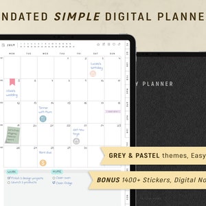 May include: A digital planner app on a tablet screen with a calendar view for the month of July. The calendar has several events marked, including a wedding, dinner with Mum, and getting new toys. The app also has a to-do list with tasks like finishing design projects and cleaning the oven. The app is available in grey and pastel themes and includes 1400+ stickers and a digital notebook.