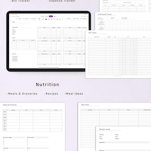 May include: A digital planner with finance and nutrition templates. The image shows a tablet displaying a monthly finance tracker, along with printable trackers for bills, savings, and expenses. Nutrition templates include meal ideas and recipes.