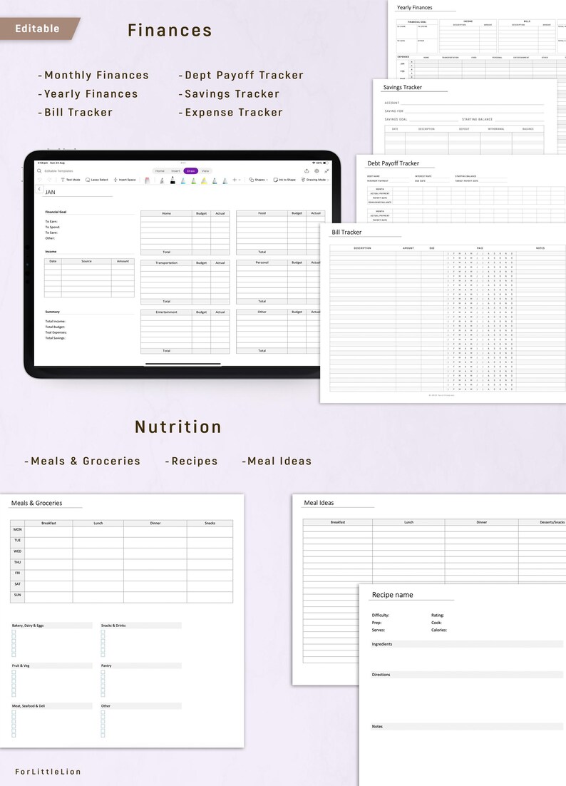 May include: A digital planner with finance and nutrition templates. The image shows a tablet displaying a monthly finance tracker, along with printable trackers for bills, savings, and expenses. Nutrition templates include meal ideas and recipes.