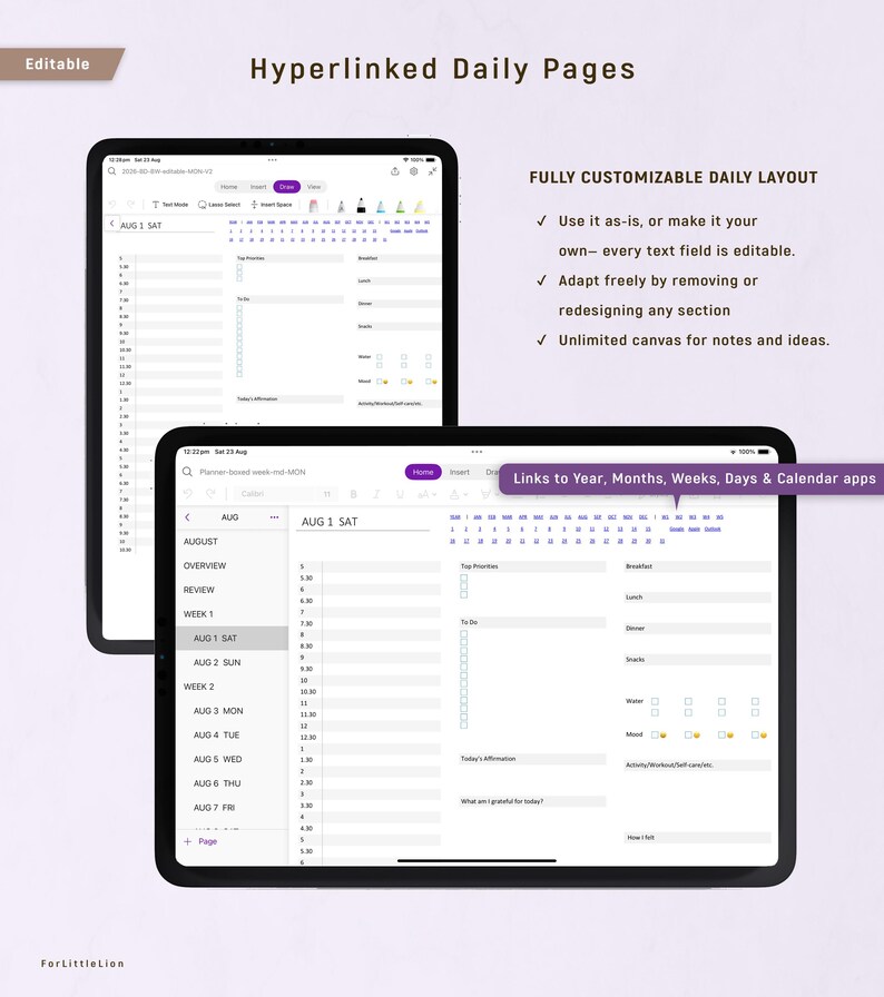 May include: Two black tablets displaying a digital planner with a purple and white interface. The text on the screen reads "Hyperlinked Daily Pages" and "Fully Customizable Daily Layout". The planner includes sections for scheduling, to-do lists, and notes.