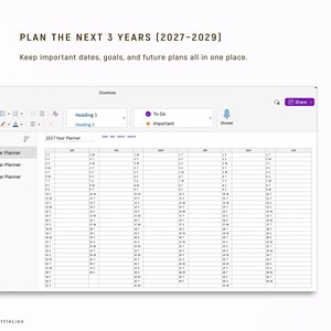 May include: A digital planner interface with the text "PLAN THE NEXT 3 YEARS (2027-2029)". The interface displays a calendar grid for 2027, with options for 2028 and 2029. The interface includes options for headings and to-do lists.