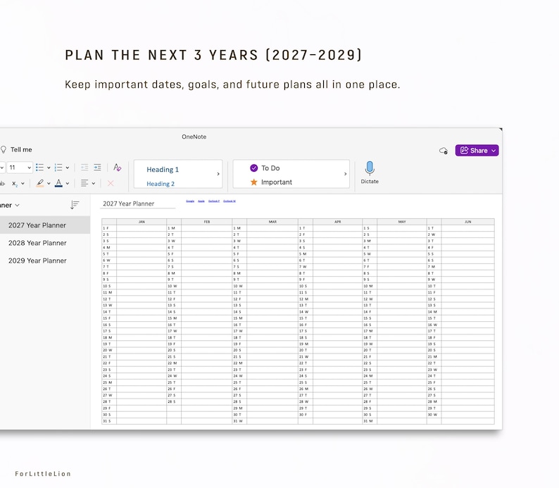 May include: A digital planner interface with the text "PLAN THE NEXT 3 YEARS (2027-2029)". The interface displays a calendar grid for 2027, with options for 2028 and 2029. The interface includes options for headings and to-do lists.