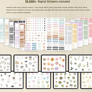 May include: A digital collection of 10,000+ planner stickers featuring icons, emojis, washi tape, labels, sticky notes, brushes, doodles, words, and phrases in 10 colors. Includes themed sets like floral, leafy, food, seasonal, and aesthetic alphabets.