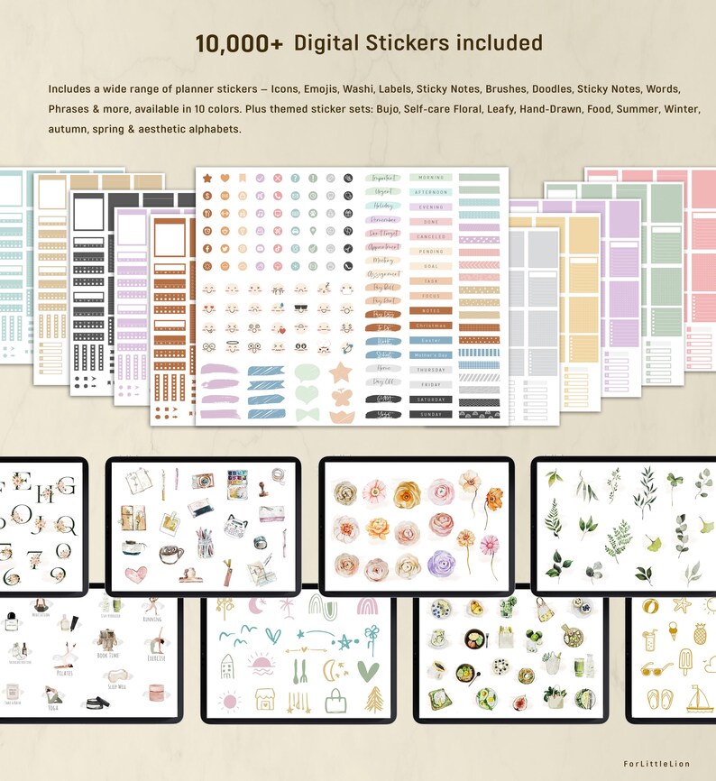 May include: A digital collection of 10,000+ planner stickers featuring icons, emojis, washi tape, labels, sticky notes, brushes, doodles, words, and phrases in 10 colors. Includes themed sets like floral, leafy, food, seasonal, and aesthetic alphabets.