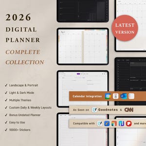 May include: A digital planner collection for 2026, displayed on multiple tablets. Features include landscape and portrait views, light and dark mode, multiple themes, custom layouts, and over 10,000 stickers. The planner is compatible with Goodnotes and other apps.