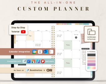 May include: A digital planner displayed on a tablet screen showing a monthly calendar grid with handwritten entries. Overlays include text for Step-by-Step Tutorial, Calendar Integration, Landscape & Portrait, 5 Themes, and As Seen on Goodnotes & CNN.