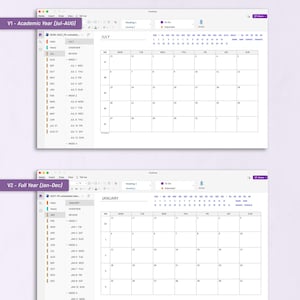 May include: Two digital planner templates are displayed, one for the academic year (July-August) and the other for the full year (January-December). The text "Choose the planner that fits your school year" is at the top. The planners are white with a calendar layout.